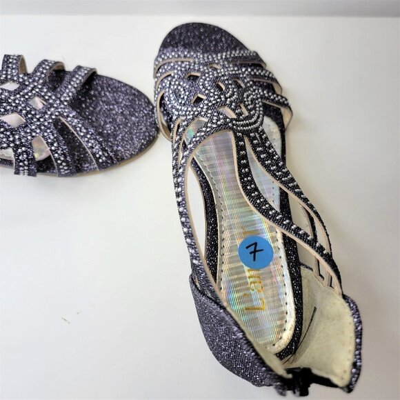 SIZE 7 Silver Glitter Grey Tone Wedge Sandals Low Heels Flats Open Toe NEW - Picture 3 of 12